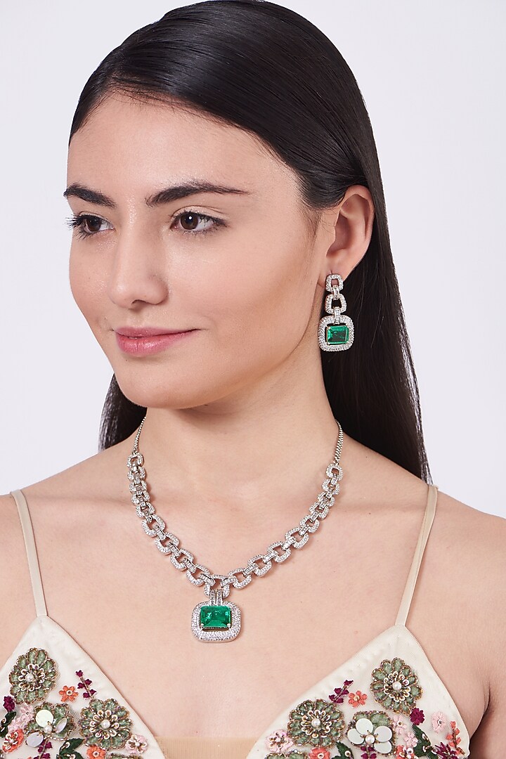 White Finish Green Stone & Zircon Necklace Set by Aster at Pernia's Pop Up Shop