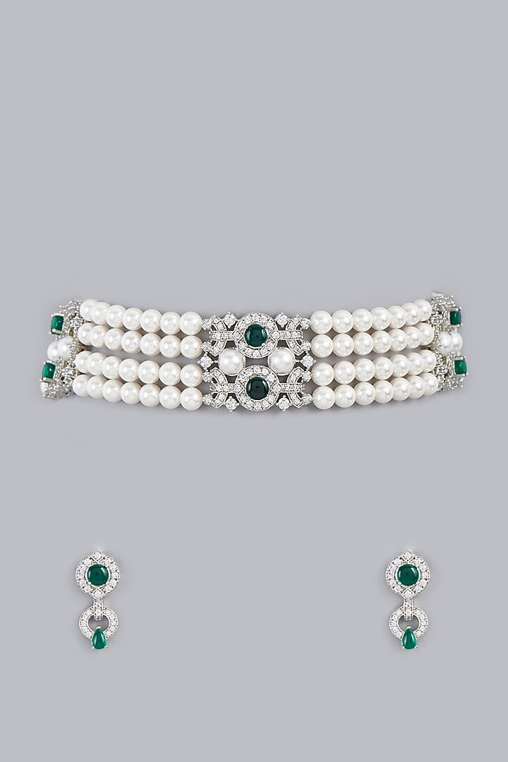 White Finish Pearl & Zircon Choker Necklace Set by Aster