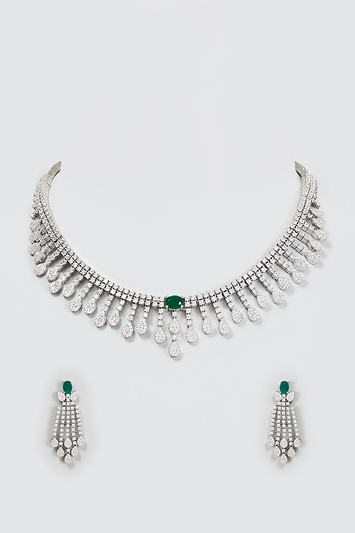 White Finish Zircon & Green Stone Necklace Set by Aster at Pernia's Pop Up Shop