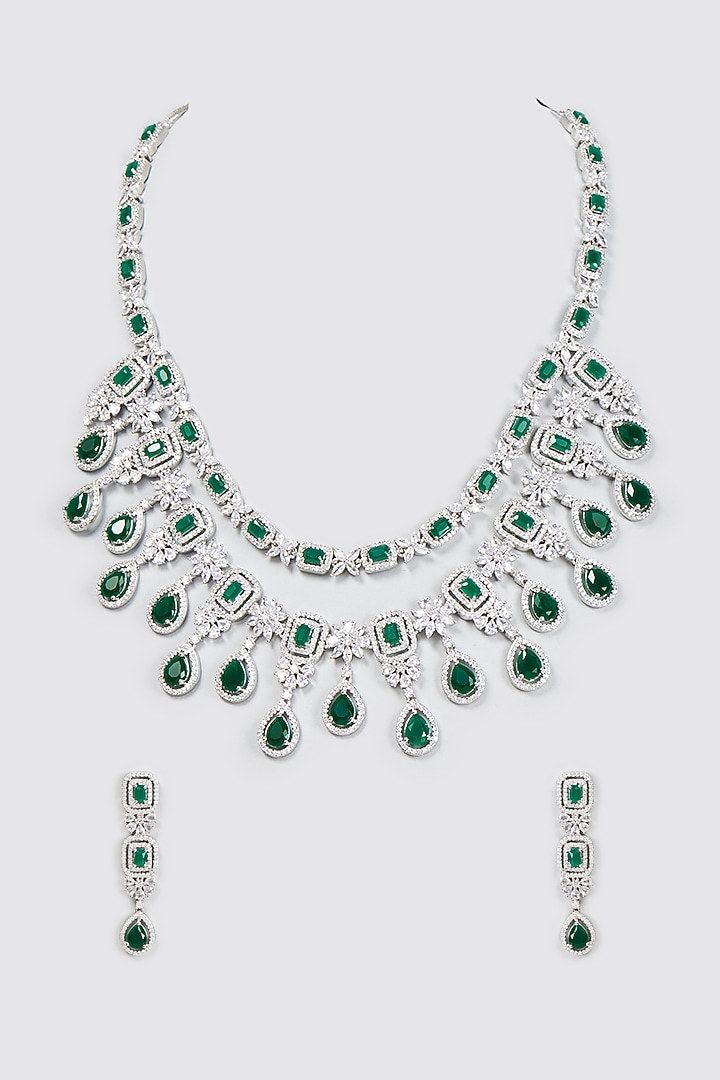 White Finish Zircon & Green Stone Necklace Set by Aster at Pernia's Pop Up Shop