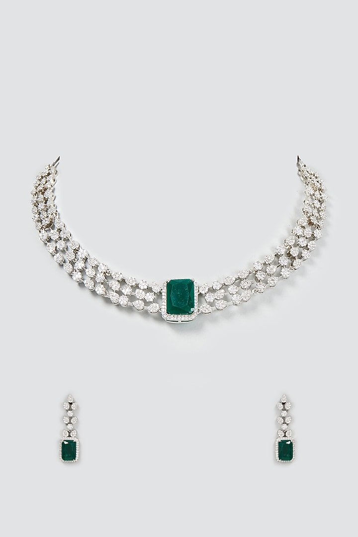 White Finish Zircon & Emerald Necklace Set by Aster at Pernia's Pop Up Shop