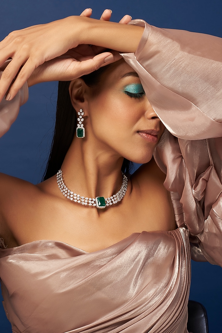 White Finish Zircon & Emerald Necklace Set by Aster at Pernia's Pop Up Shop