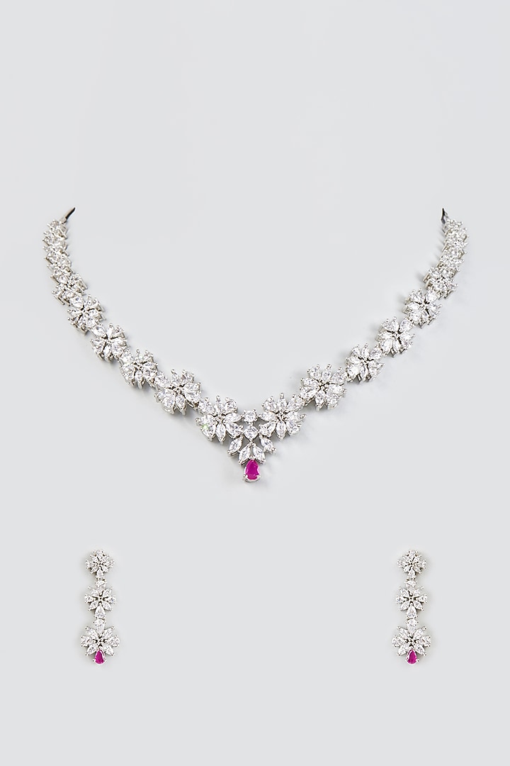 White Finish Zircon & Ruby Stone Necklace Set by Aster at Pernia's Pop Up Shop