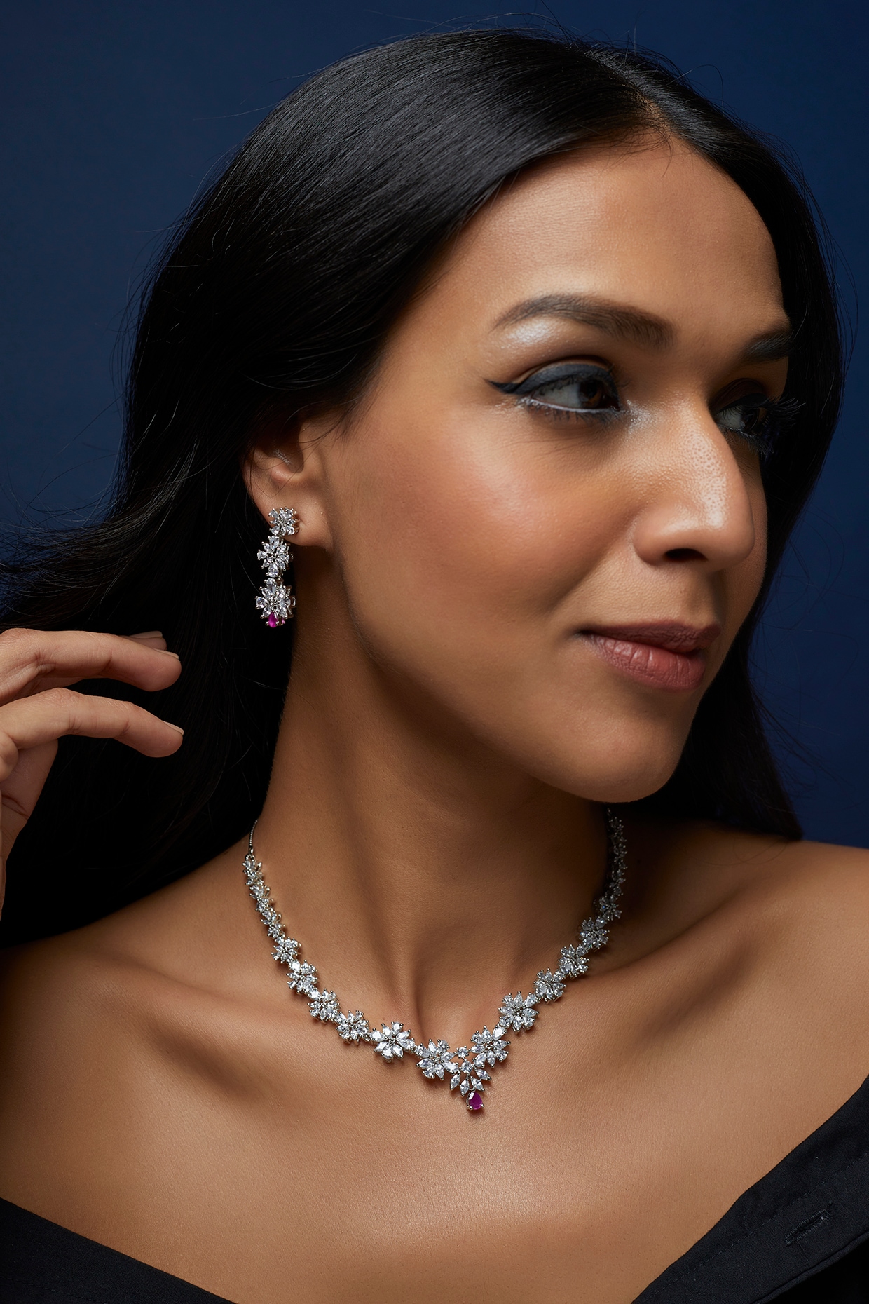 White Finish Zircon & Ruby Stone Necklace Set by Aster at