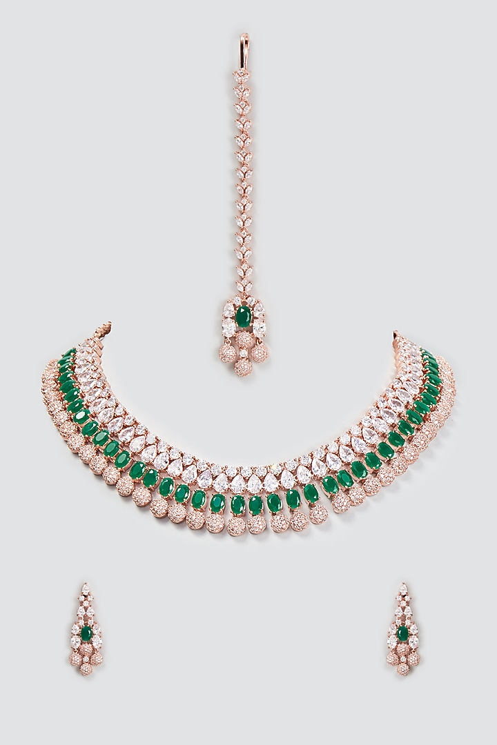 Rose Gold Finish Zircon & Emerald Necklace Set by Aster at Pernia's Pop Up Shop