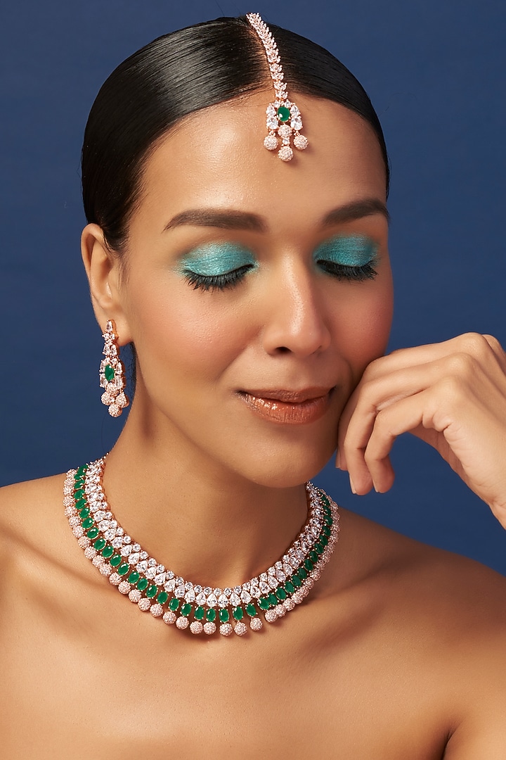 Rose Gold Finish Zircon & Emerald Necklace Set by Aster at Pernia's Pop Up Shop