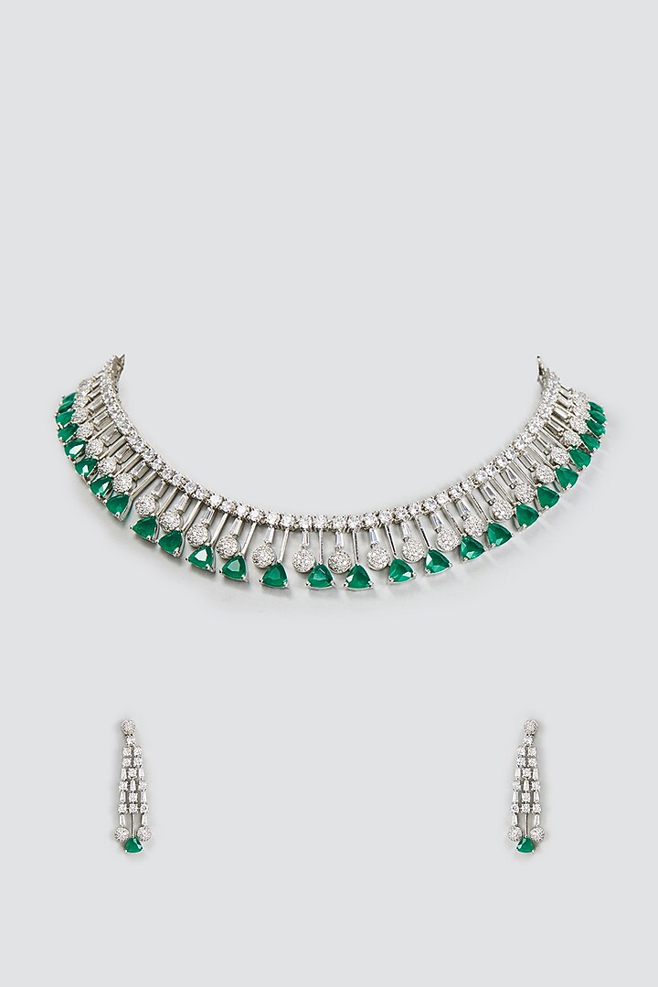 White Finish Zircon & Emerald Necklace Set by Aster at Pernia's Pop Up Shop