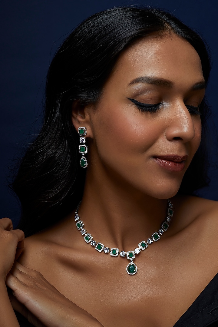 White Finish Zircon & Emerald Necklace Set by Aster at Pernia's Pop Up Shop