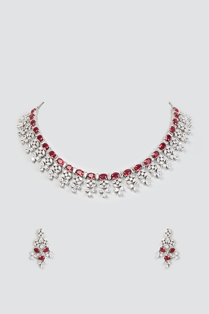 White Finish Zircon & Red Stone Necklace Set by Aster at Pernia's Pop Up Shop