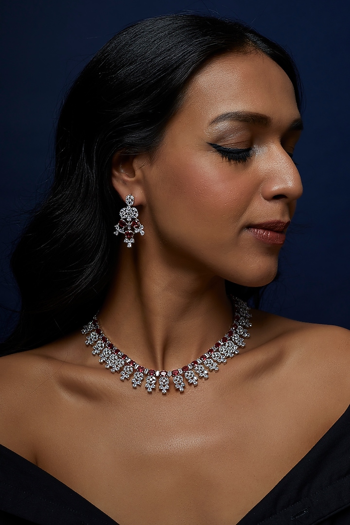 White Finish Zircon & Red Stone Necklace Set by Aster at Pernia's Pop Up Shop