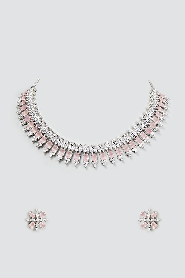 White Finish Zircon & Pink Stone Necklace Set by Aster at Pernia's Pop Up Shop
