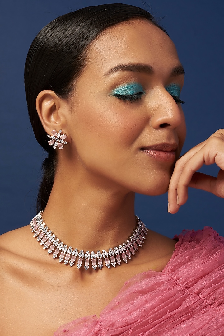 White Finish Zircon & Pink Stone Necklace Set by Aster at Pernia's Pop Up Shop