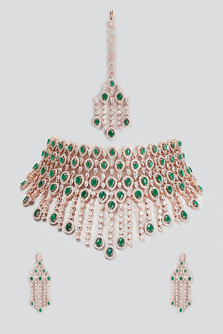 Rose Gold Finish Zircon & Green Synthetic Stone Choker Necklace Set by Aster at Pernia's Pop Up Shop