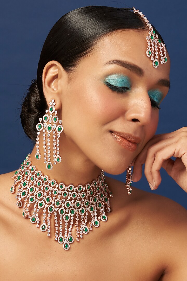 Rose Gold Finish Zircon & Green Synthetic Stone Choker Necklace Set by Aster at Pernia's Pop Up Shop