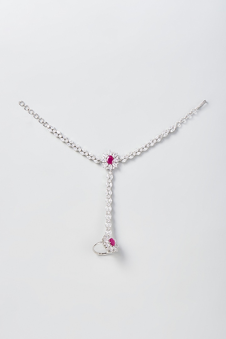 White Finish Zircon & Pink Stone Haathphool (Set Of 2) by Aster at Pernia's Pop Up Shop