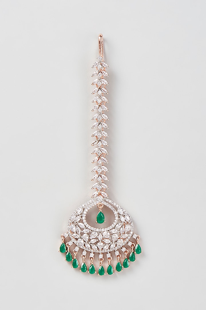 Rose Gold Finish Faux Diamond & Emerald Synthetic Stone Maangtikka by Aster