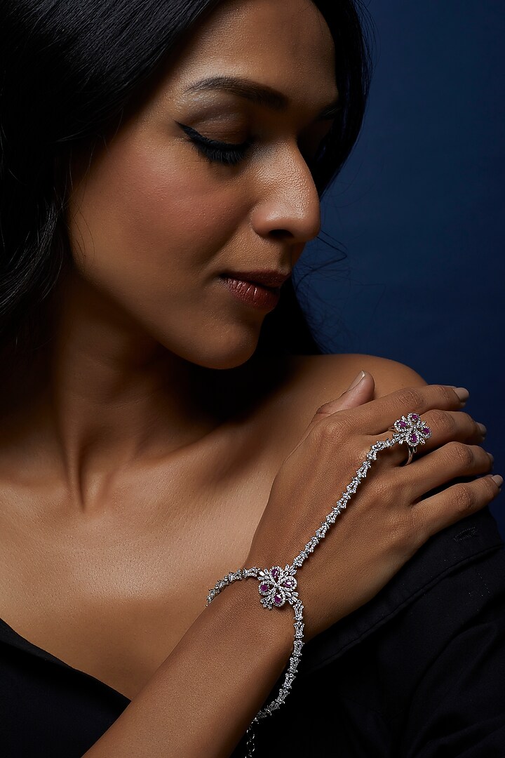 White Finish Zircon & Ruby Stone Haathphool by Aster at Pernia's Pop Up Shop