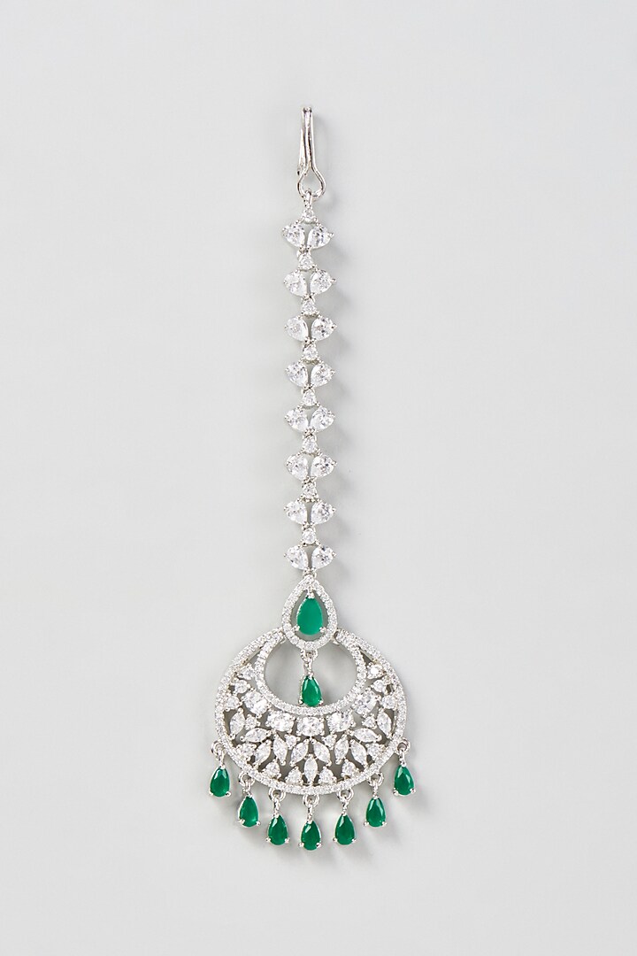 White Finish Zircon & Green Stone Maangtikka by Aster at Pernia's Pop Up Shop