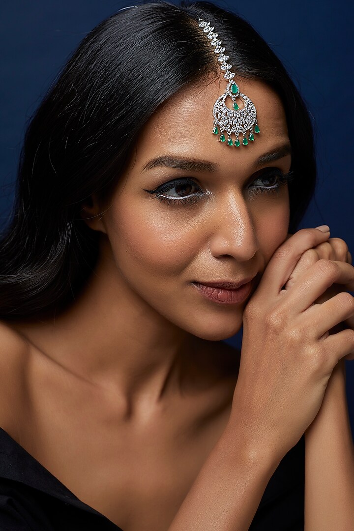 White Finish Zircon & Green Stone Maangtikka by Aster at Pernia's Pop Up Shop