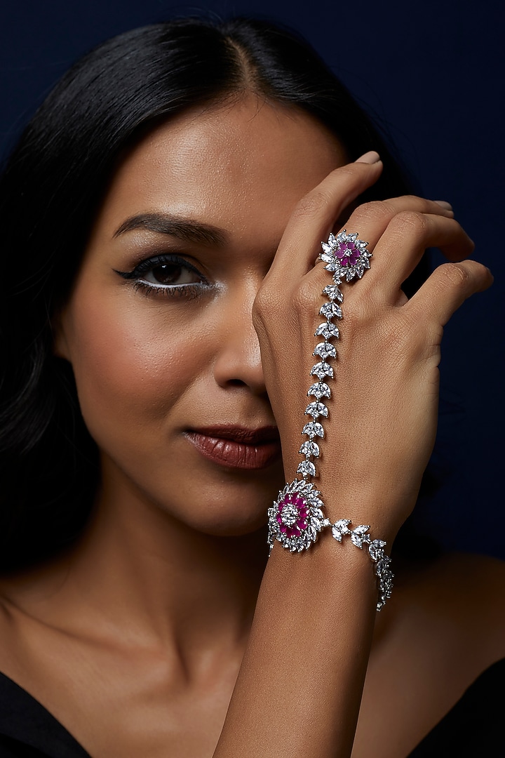 White Finish Zircon & Pink Stone Haathphool by Aster at Pernia's Pop Up Shop