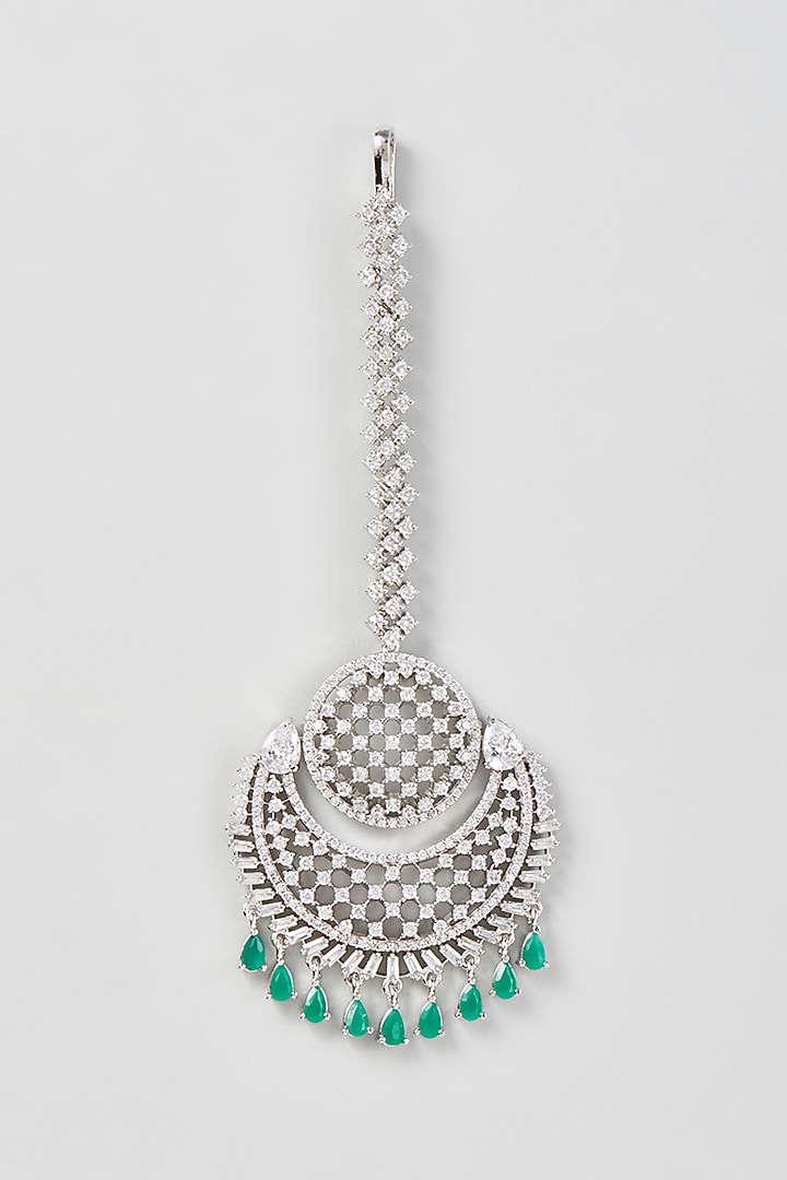 White Finish Zircon & Green Stone Maangtikka by Aster at Pernia's Pop Up Shop