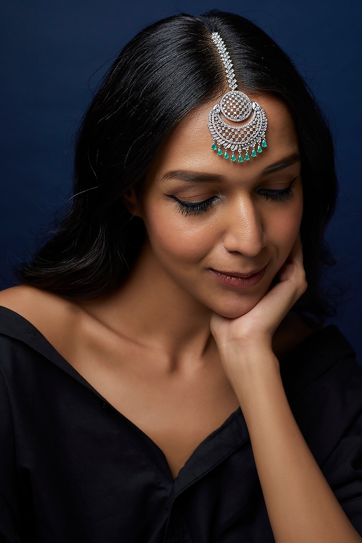 White Finish Zircon & Green Stone Maangtikka by Aster at Pernia's Pop Up Shop