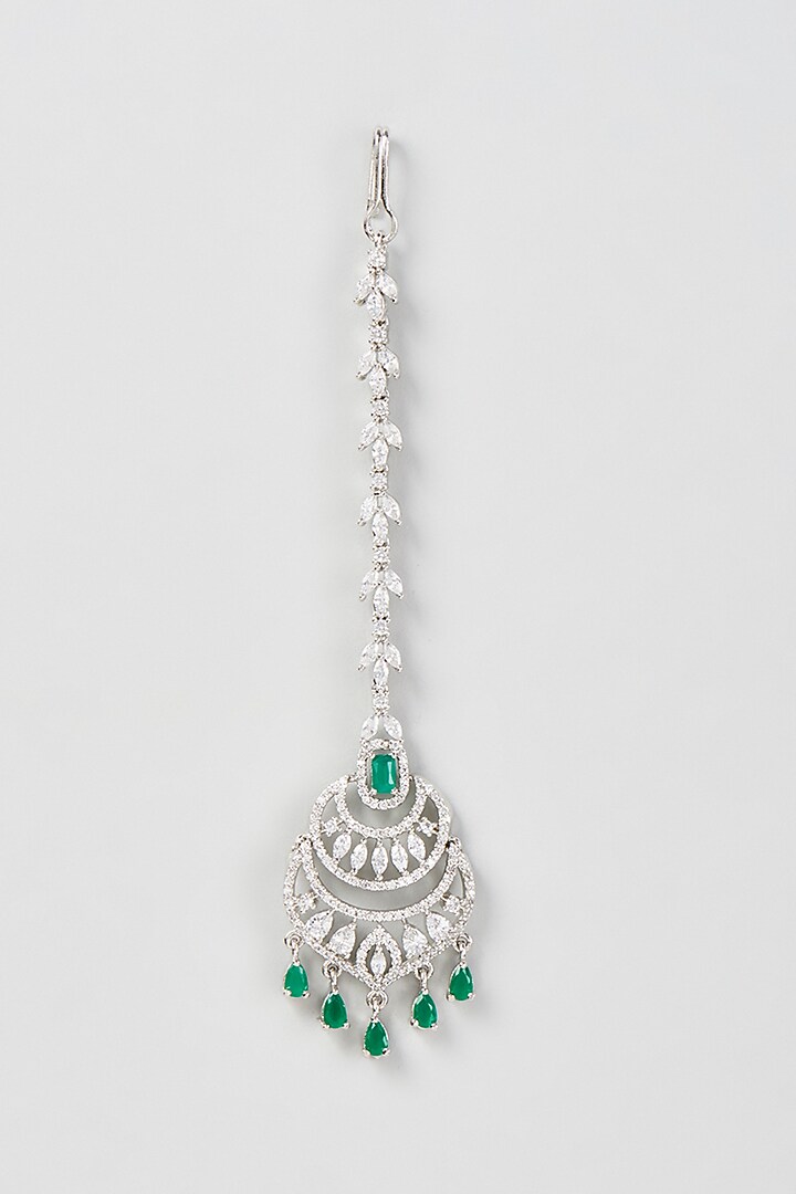 White Finish Zircon & Green Stone Maangtikka by Aster at Pernia's Pop Up Shop