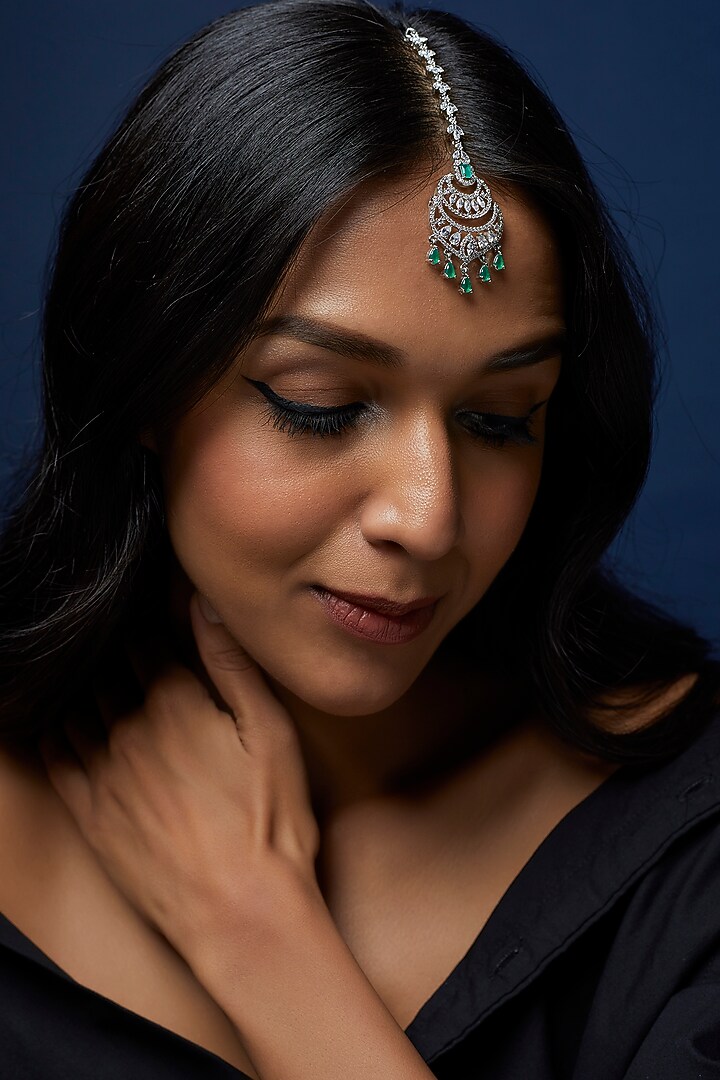 White Finish Zircon & Green Stone Maangtikka by Aster at Pernia's Pop Up Shop