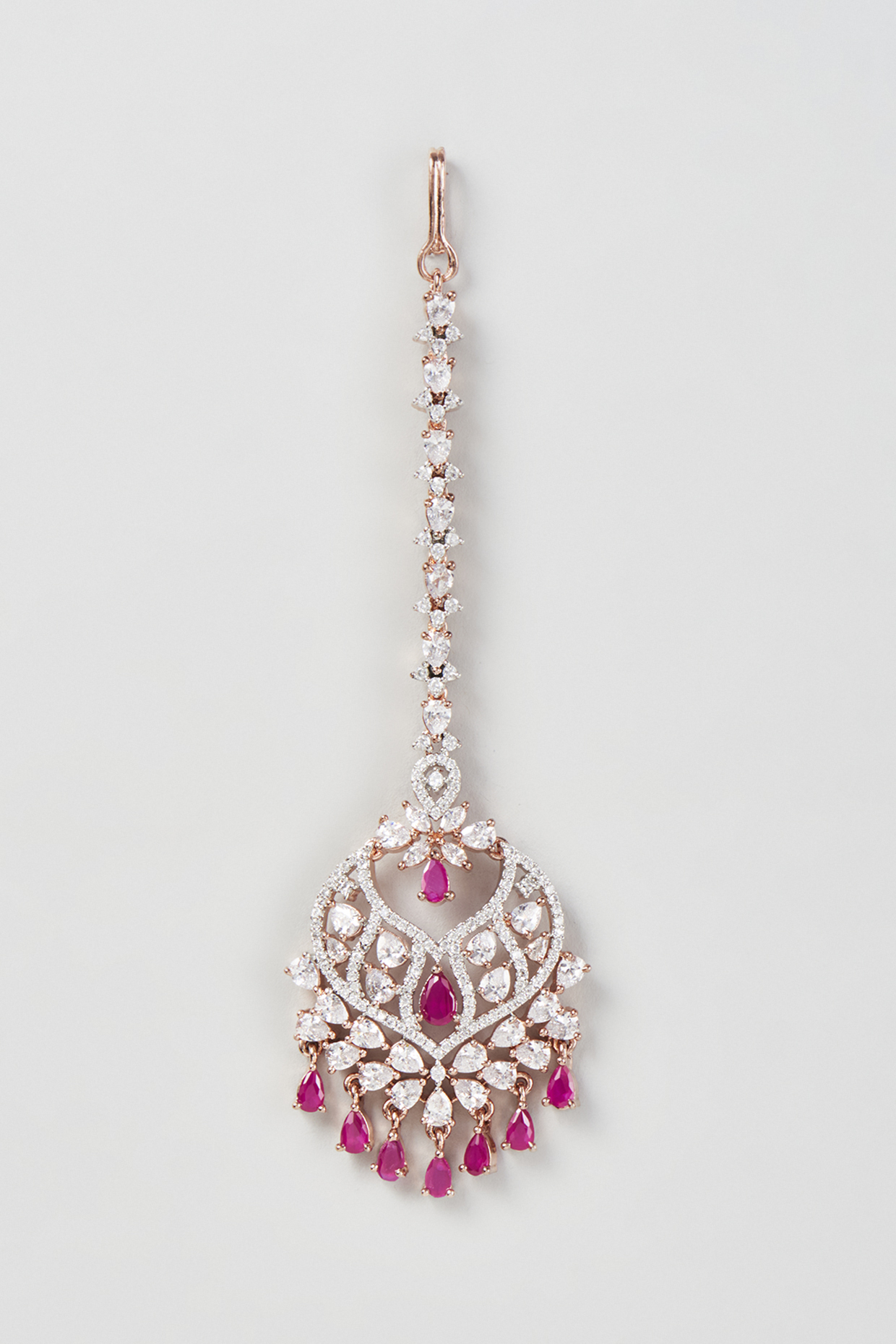 Rose Gold Finish Faux Diamond & Pink Stone Maangtikka by Aster