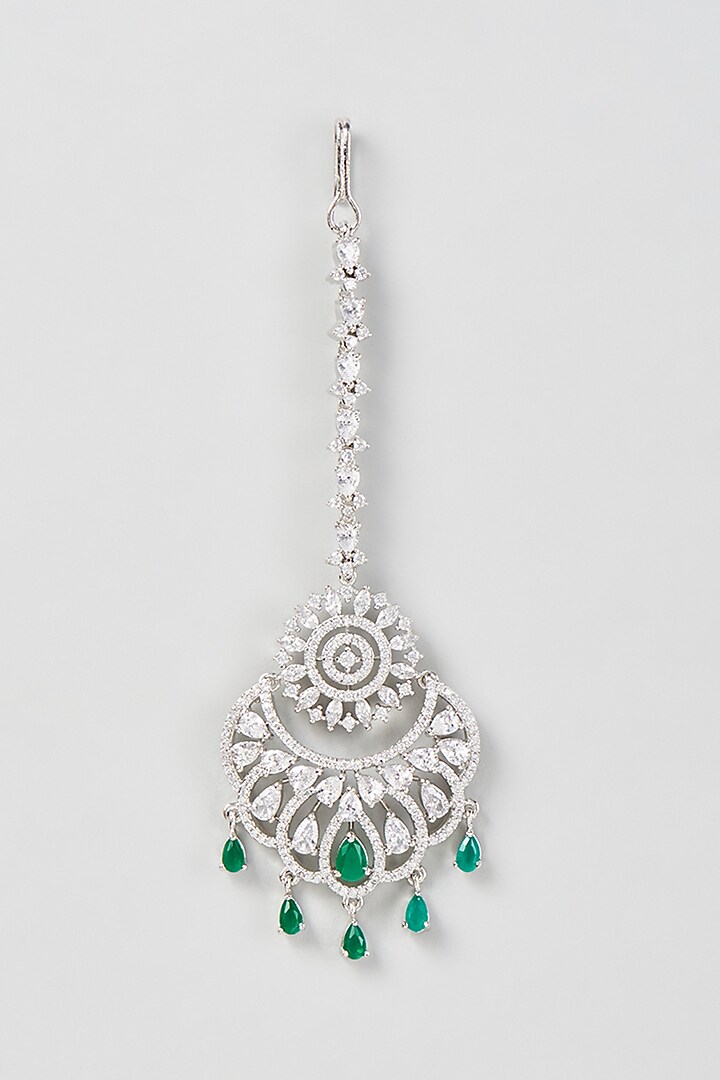 White Finish Zircon & Green Stone Maangtikka by Aster at Pernia's Pop Up Shop
