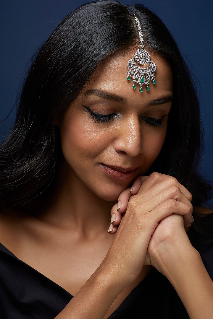 White Finish Zircon & Green Stone Maangtikka by Aster at Pernia's Pop Up Shop