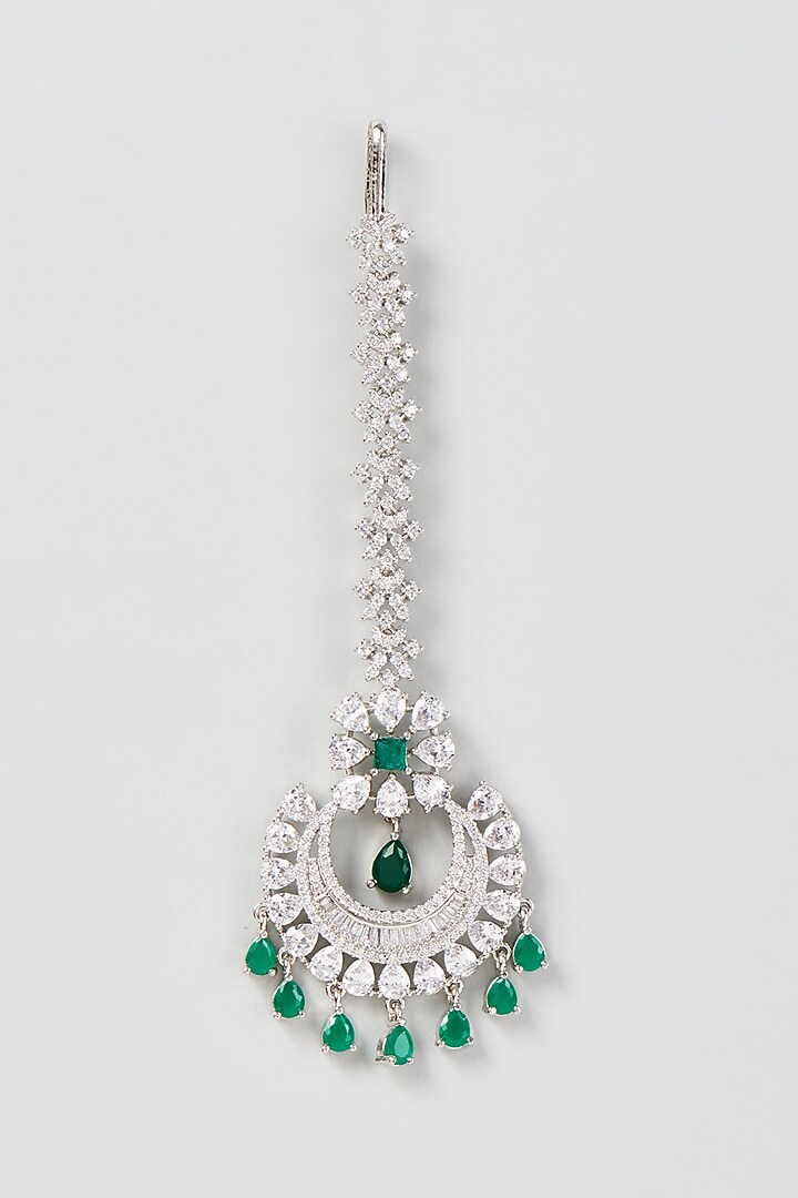 White Finish Zircon & Green Stone Maangtikka by Aster at Pernia's Pop Up Shop