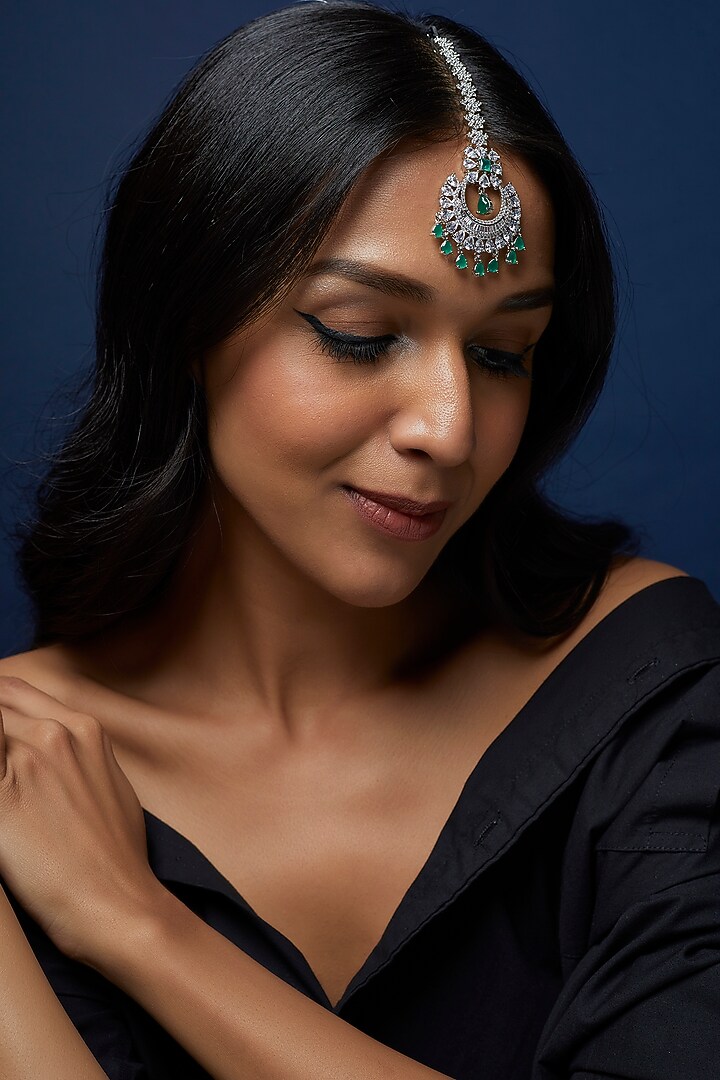 White Finish Zircon & Green Stone Maangtikka by Aster at Pernia's Pop Up Shop