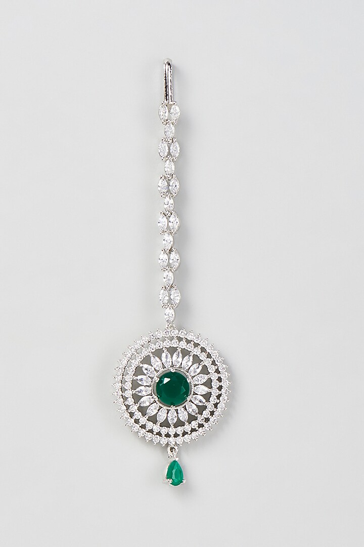 White Finish Zircon & Green Stone Maangtikka by Aster at Pernia's Pop Up Shop