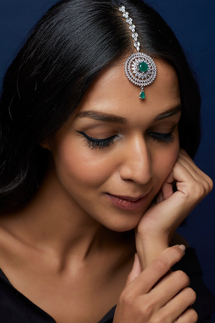 White Finish Zircon & Green Stone Maangtikka by Aster at Pernia's Pop Up Shop