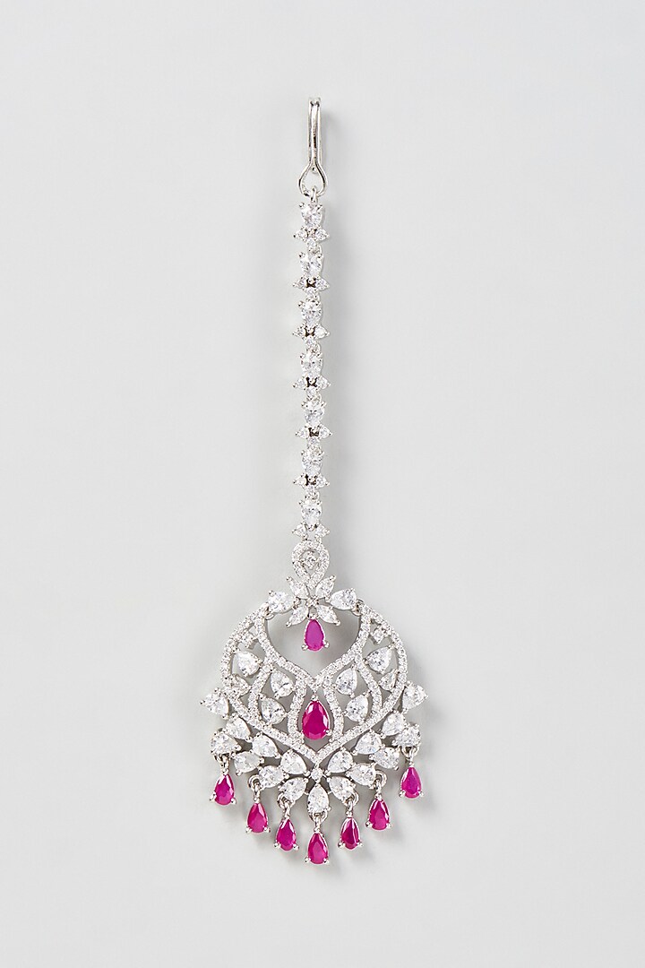White Finish Zircon & Pink Stone Maangtikka by Aster at Pernia's Pop Up Shop