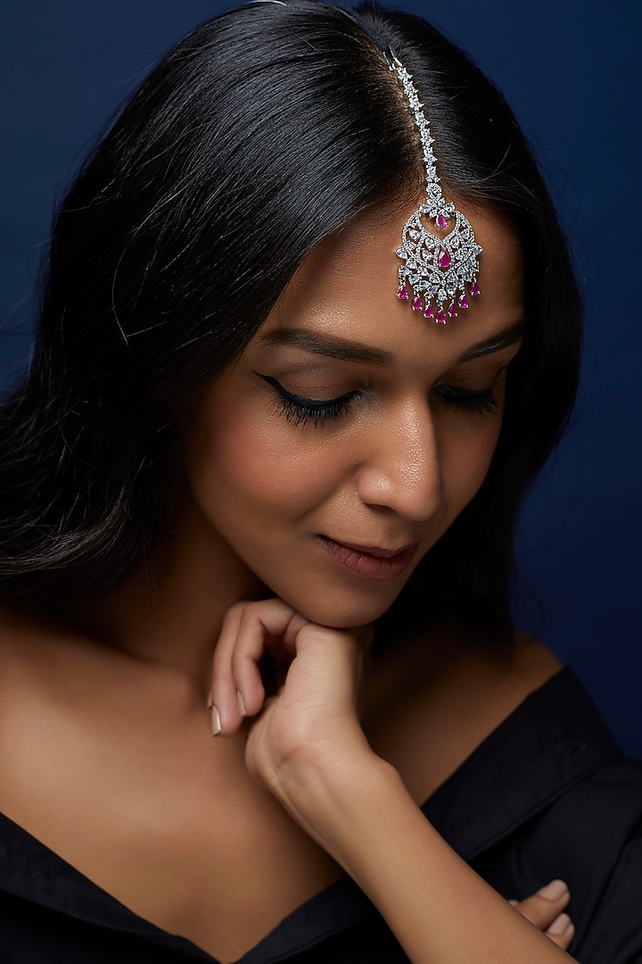 White Finish Zircon & Pink Stone Maangtikka by Aster at Pernia's Pop Up Shop