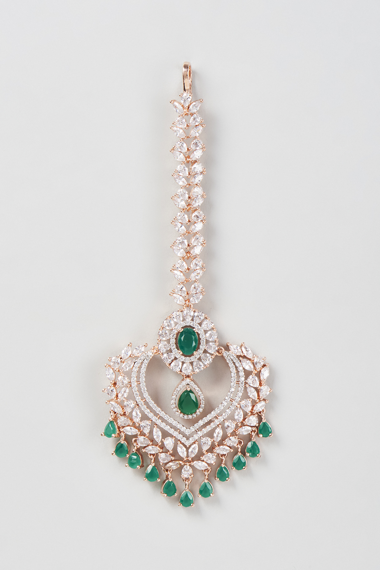 Rose Gold Finish Faux Diamond & Green Stone Maangtikka by Aster