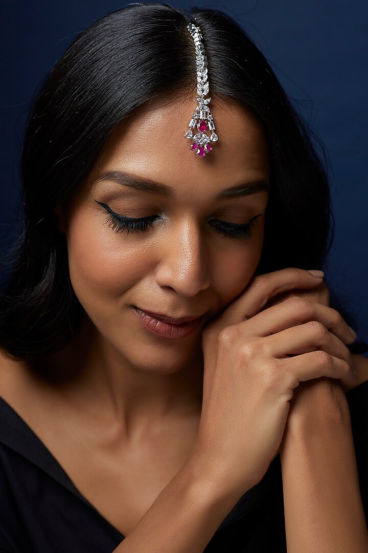 White Finish Zircon & Pink Stone Maangtikka by Aster at Pernia's Pop Up Shop
