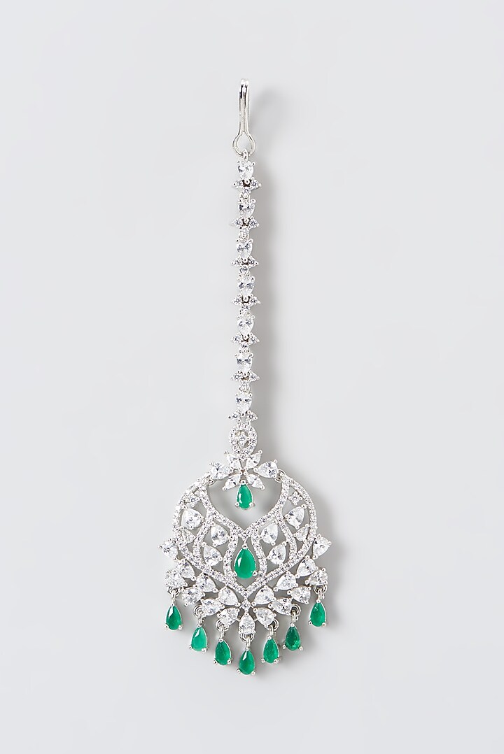White Finish Zircon & Green Stone Maangtikka by Aster at Pernia's Pop Up Shop