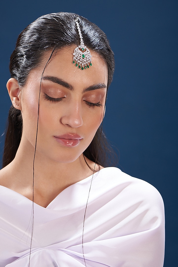 White Finish Zircon & Green Stone Maangtikka by Aster at Pernia's Pop Up Shop
