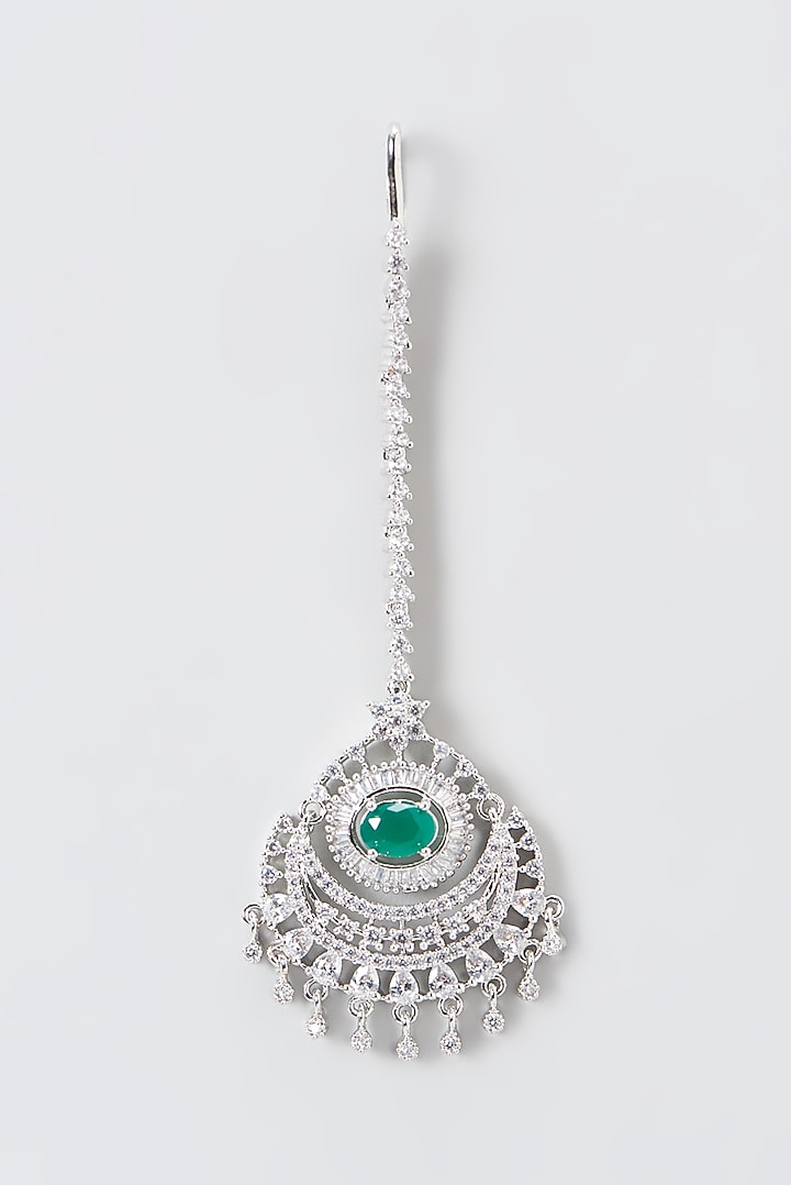 White Finish Zircon & Green Stone Maangtikka by Aster at Pernia's Pop Up Shop