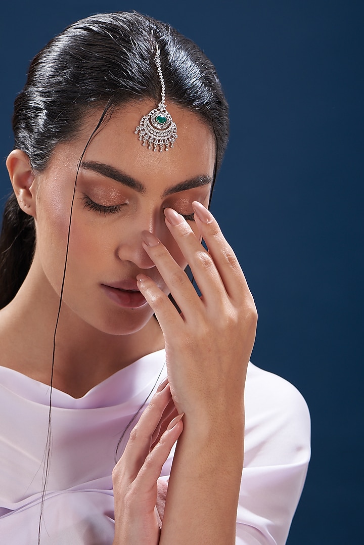 White Finish Zircon & Green Stone Maangtikka by Aster at Pernia's Pop Up Shop
