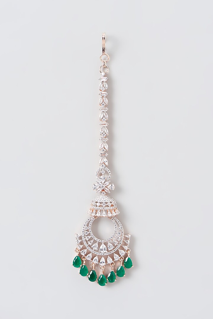 Rose Gold Finish Zircon & Green Stone Maangtikka by Aster at Pernia's Pop Up Shop