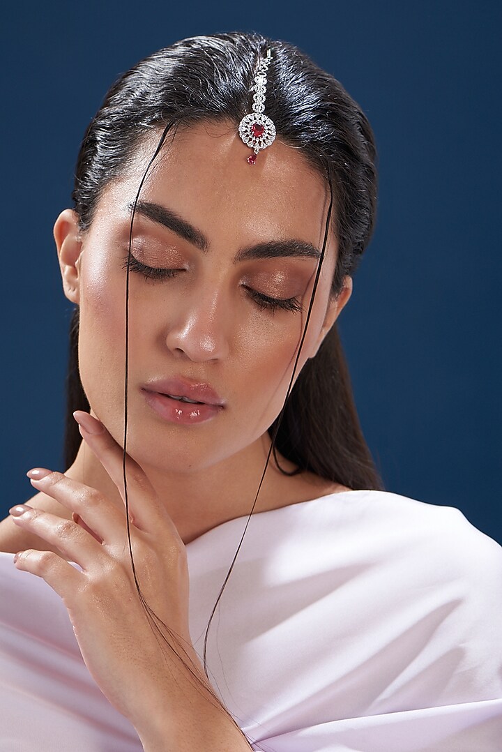 White Finish Zircon & Red Stone Maangtikka by Aster at Pernia's Pop Up Shop