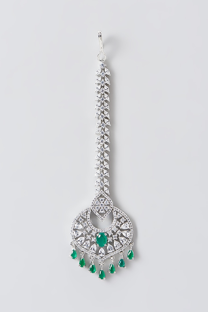 White Finish Zircon & Green Stone Maangtikka by Aster at Pernia's Pop Up Shop