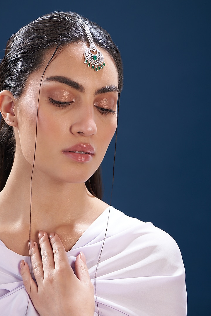 White Finish Zircon & Green Stone Maangtikka by Aster at Pernia's Pop Up Shop