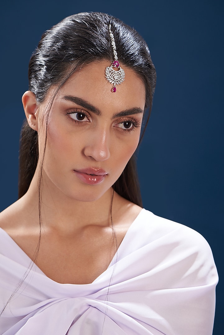 White Finish Zircon & Red Stone Maangtikka by Aster at Pernia's Pop Up Shop