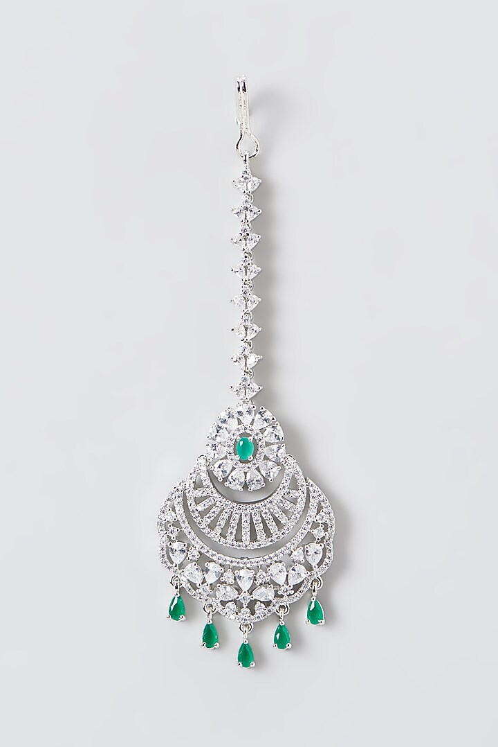 White Finish Zircon & Green Stone Maangtikka by Aster at Pernia's Pop Up Shop