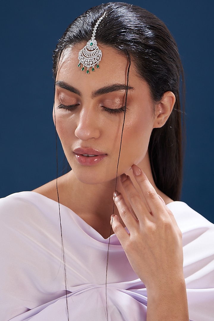 White Finish Zircon & Green Stone Maangtikka by Aster at Pernia's Pop Up Shop